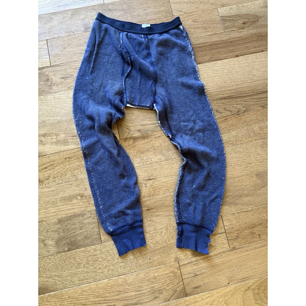 Vintage Denim Print Thermal Base Layer Pants Leggings Blue Stretch Cold Weather